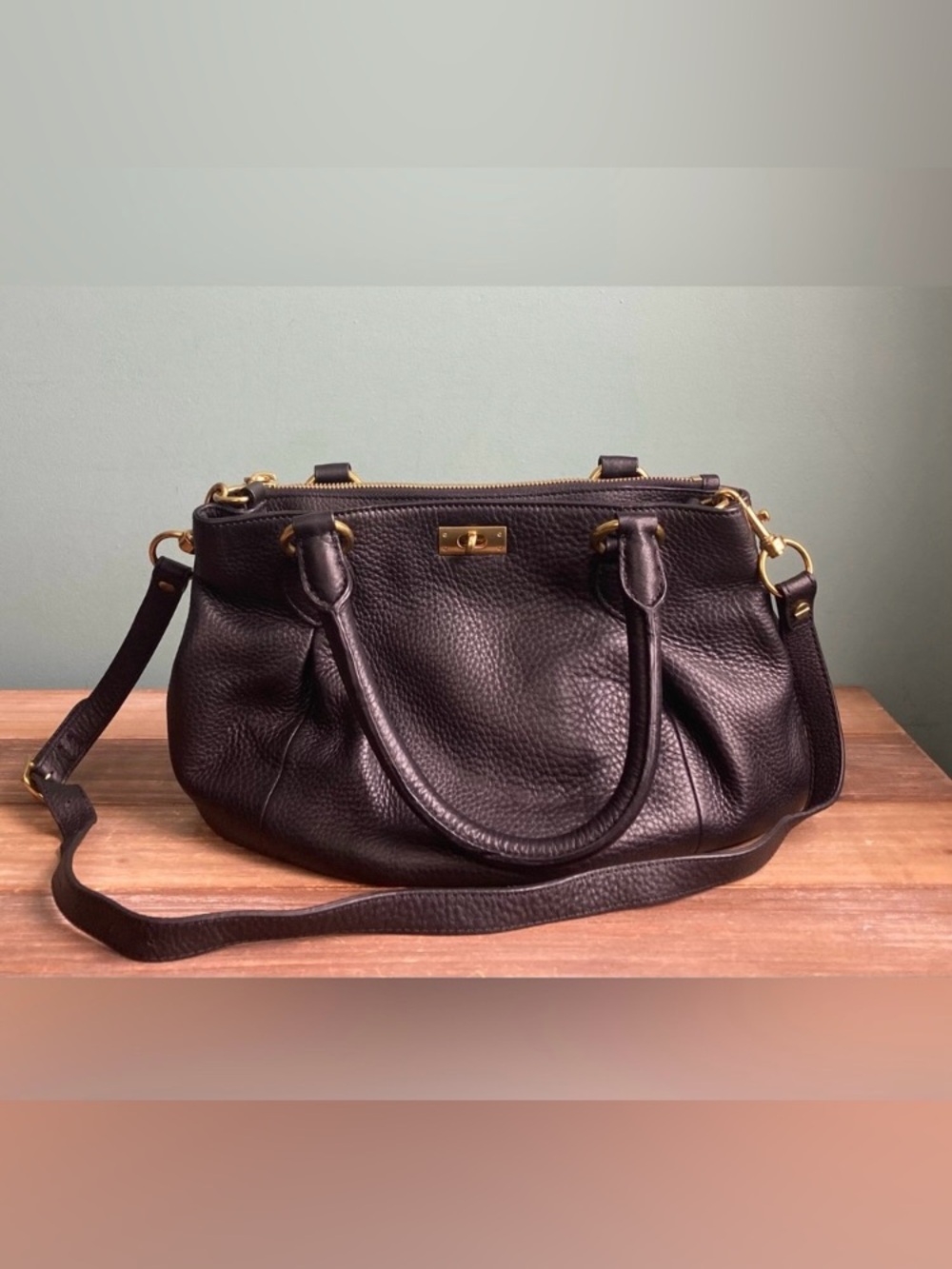 J. Crew Black Leather Turn Lock Satchel Bag